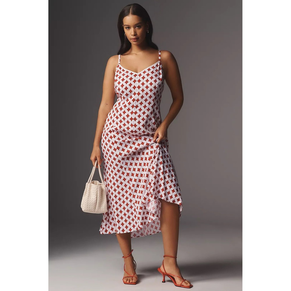 Universal Standard Amber Slip Midi Dress Red White Geometric Mod Retro